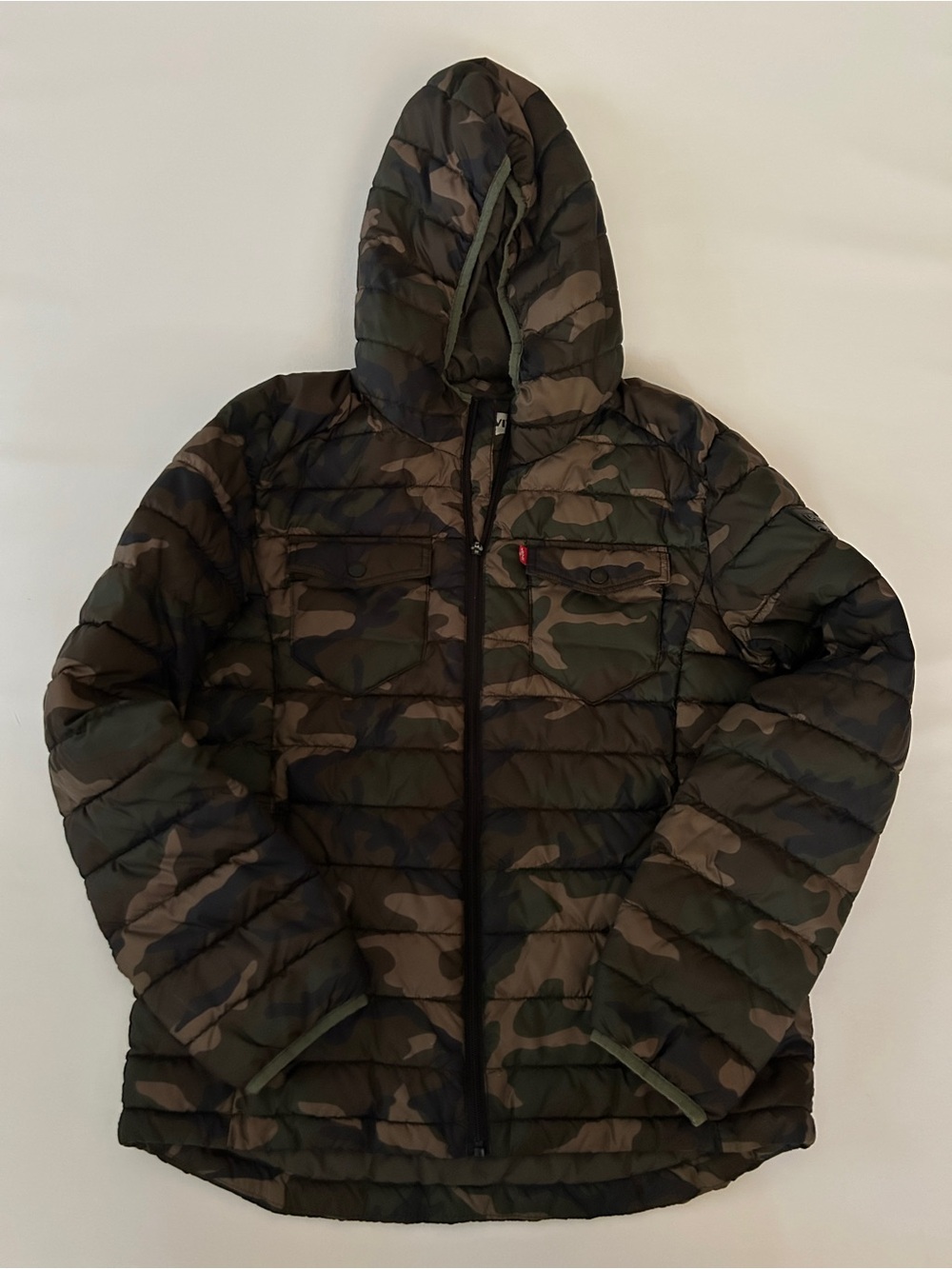 Levi's Men’s Camo Hooded Puffer Jacket - Olive Green/Brown